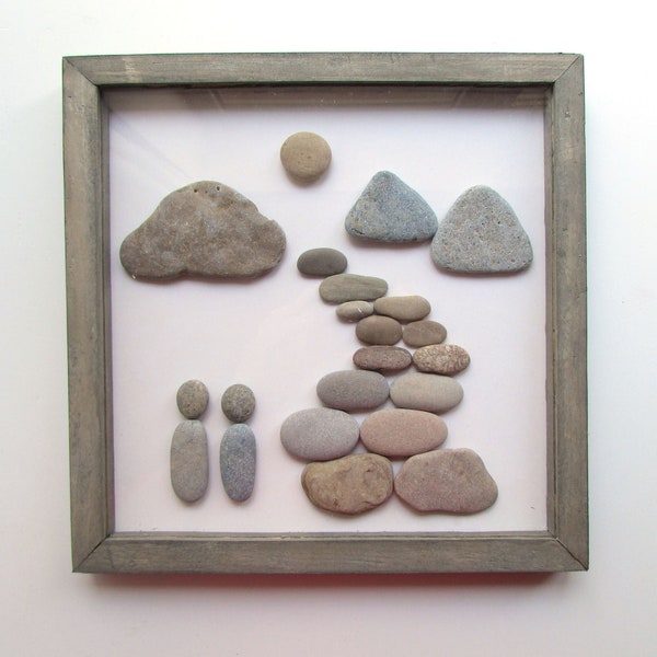 Pebble Art Wall Hanging 10", Hiking in Mountains, Coastal Wall Art, Hiker Couple on a Mountain Trail, Pebble Picture, Two Nature Lovers