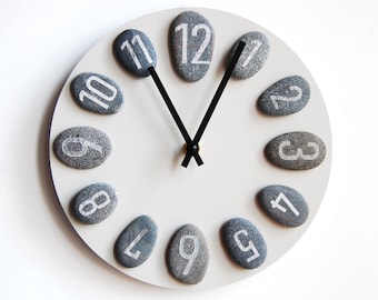Gray Stone Clock 9.5", Coastal Stone Clock, Sea Pebble Art Wall Clock, Beach Theme Gift, Coastal Design, Grey Stone Circle, Black Clock