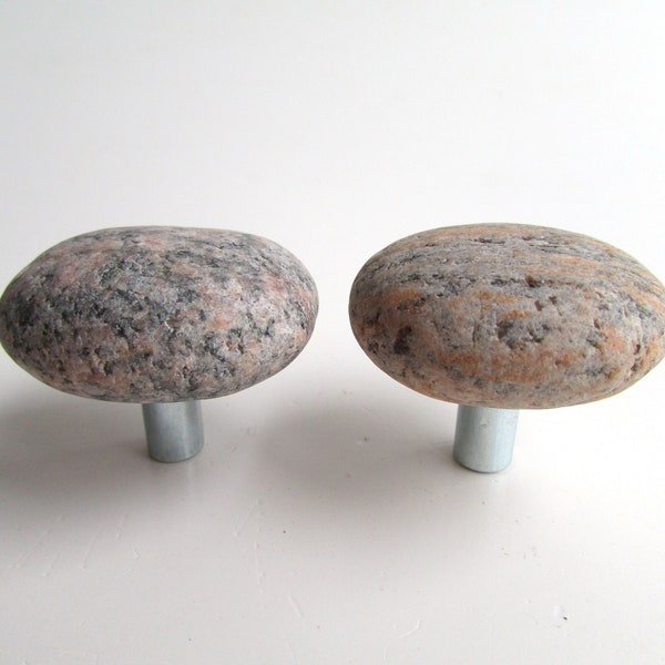 Stone Knob Pair 1.75", Beach Stone Door Knobs, Natural Stone Cupboard Knob, Sea Stone Pull, Drawer Knobs, Beach Pebble Art, Pebble Knob