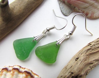 Green Sea Glass Earrings, Natural Sea Glass Jewelry, Deep Green, hypoallergenic, nickel free, made of natural sea glass