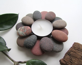 Pebble Art Tealight Holder, Stone Candleholder, Pebble Candleholder, Coastal Stone Tealight Holder, Beach Pebble Flower Tealight Holder