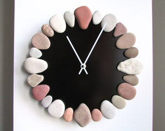 Pebble Art Clock 11", Coastal Stone Clock, Sea Pebble Wall Clock, Beach Theme Gift, Coastal Design, Colorful Stone Circle, Black Clock