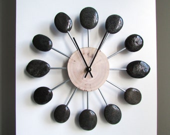 Black Stone Clock 11.5", Coastal Rustic Wood & Stone Clock, Driftwood Art, Pebble Art, Black and White, Beach Design Clock, Coastal Decor