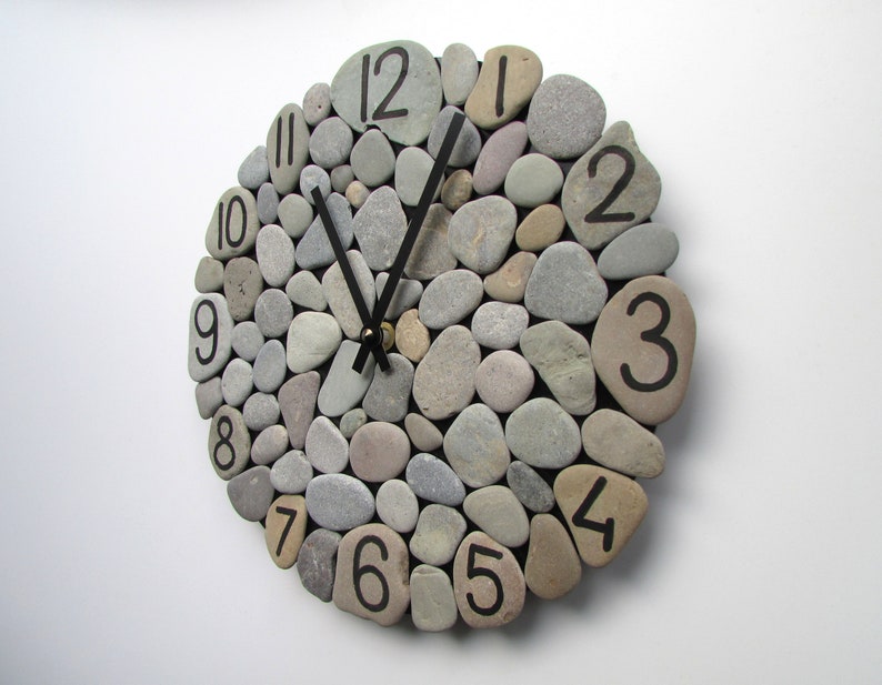 Gray Stone Mosaic Clock 10 Pebble Art Clock Stone Wall Etsy