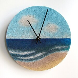 Pu&ograve; includere: Un orologio rotondo con un design a paesaggio marino blu e bianco. Il quadrante dell'orologio &egrave; dipinto per assomigliare a una scena di spiaggia con acqua blu, onde bianche e una spiaggia sabbiosa.