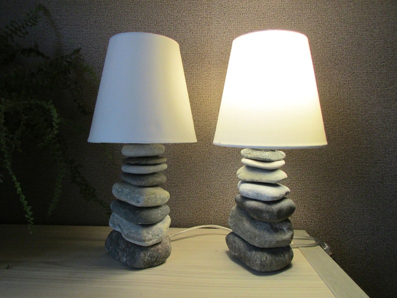 2 Stone Lamps Coastal Stone Stack Bedside Lamp Night Light Etsy