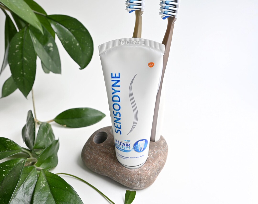 Toothpaste Stone Stone Toothbrush & Toothpaste Holder, Stone Toothbrush Stand, Coastal ...