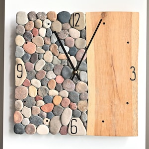 Wood & Stone Clock 11&quot;, Rustic Wall Clock, Wooden Clock, Natural Wood, Coastal Design Clock, Beach Theme Gift, Natural Stone Clock