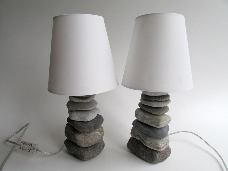 2 Stone Lamps Coastal Stone Stack Bedside Lamp Night Light Etsy