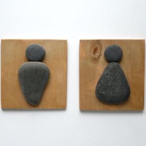 Wooden WC Signs, Gray Stone Toilet Signs, Pebble Art, Rock Restroom Signs, Loo Signs, Coastal Toilet Door Plates, Handcrafted, Beach Style