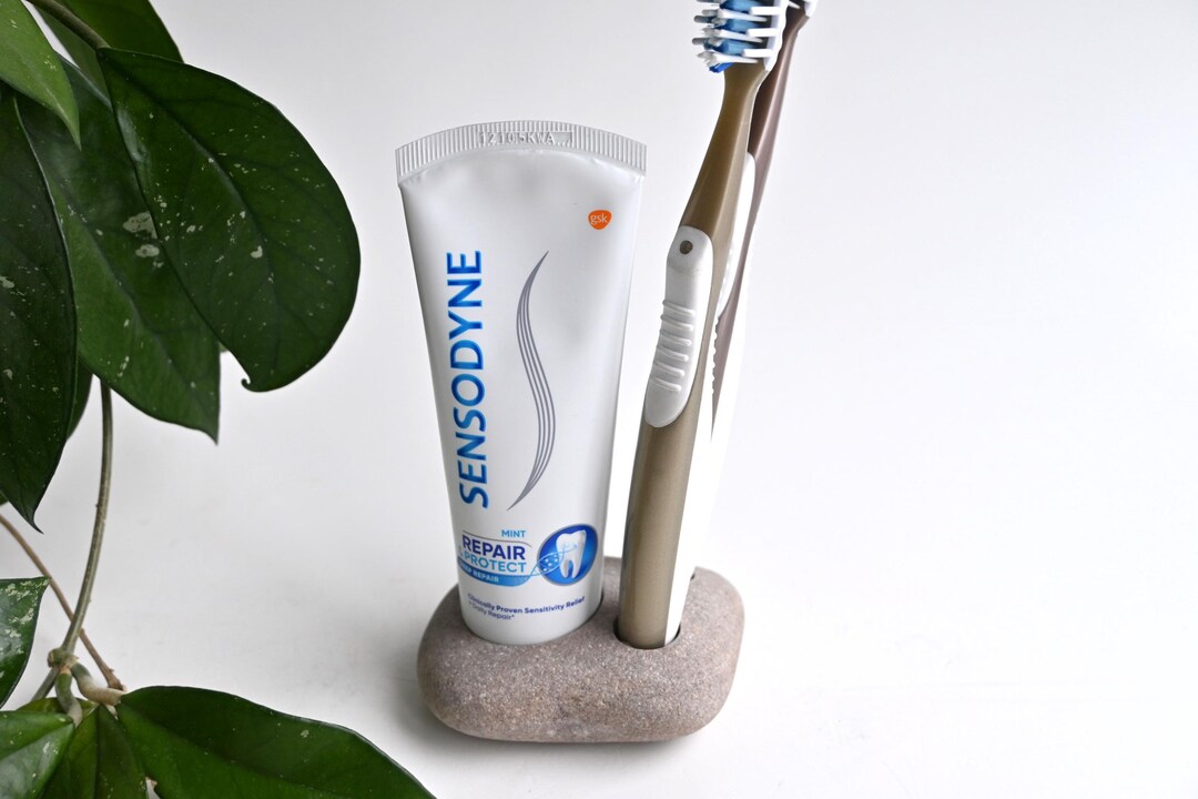 Toothpaste Stone Stone Toothbrush & Toothpaste Holder, Stone Toothbrush Stand, Coastal ...