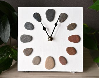 Pebble Desk Clock 7&quot;, Stone Clock, Small Stone Table Clock, Beach Theme Gift, Coastal Decor, Seaside Design Clock, Coastal Design