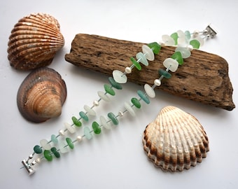 Coastal Bracelet with Colorful Sea Glass & Pearls, Mermaid Bracelet, Beach Bracelet, Natural Sea Glass Jewelry, Genuine Sea Glass Art