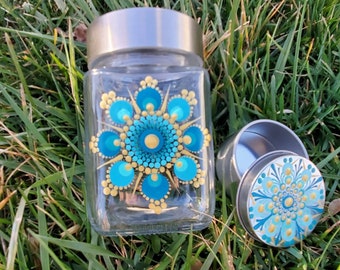 Gold teal mandala stash jar and tin, teal mandala stash jar tin giftset, mandala jar, gold mandala treasure jar tin, mandala herb jar tin