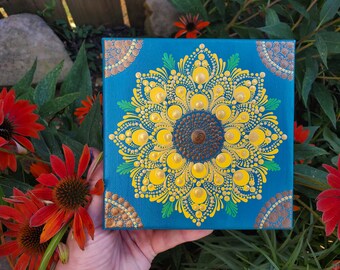 Teal sunflower mandala canvas,  teal sunflower mandala dotart canvas, mandala canvas, mandala sunflower canvas, mandala wall hanging