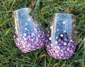 Lilac purple confetti stemless wineglass set, purple confetti stemless glasses, lilac polkadot stemless wineglass set, purple gift