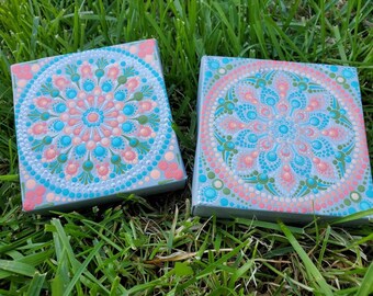 Mini mandala canvas set, coral blue green silver mandala canvas set, mandala canvas, original painting, mandala wall art, mandala canvases