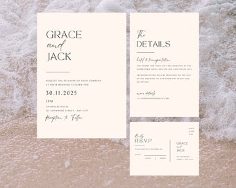 Minimalist Wedding Invitation, Details and RSVP Editable Design/ Template