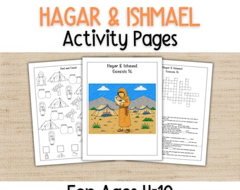Peut inclure: Trois pages d'activités avec le titre "HAGAR & ISHMAEL Activity Pages" en orange. Les pages comprennent des illustrations et du texte, avec les mots "For Ages 4-10" en bas. Le fond est beige.