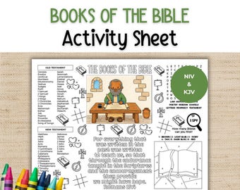 May include: A Books of the Bible activity sheet featuring a list of Old and New Testament books, a central illustration of a person writing at a desk, a color-by-number Bible, and the text Romans 15:4. A set of colorful crayons sits below.