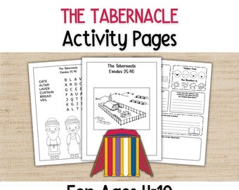 Peut inclure: Un ensemble de pages d'activités en noir et blanc intitulées The Tabernacle Exodus 25-40, comprenant des mots mêlés, des illustrations de personnages et des exercices d'écriture pour les 4-10 ans. Un graphique coloré de tente est inclus.