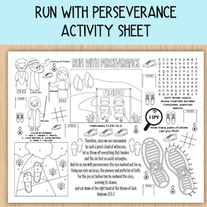Op de afbeelding: Zwart-wit activiteitenvellen met de titel "Run With Perseverance". Het vel bevat illustraties van mensen, schoenen en een finishlijn. Het bevat een kleur-op-nummer sectie, een woordzoeker en een "Ik zie, ik zie wat jij niet ziet" spel. De tekst bevat bijbelverzen.
