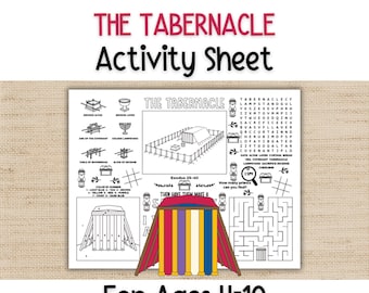 Peut inclure: Une fiche d'activité imprimable en noir et blanc intitulée THE TABERNACLE Activity Sheet For Ages 4-10. Elle présente des dessins au trait d'objets bibliques, une recherche de mots, un labyrinthe et une section de coloriage par numéros.
