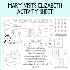 Può includere: Illustrazione in bianco e nero di Maria che visita Elisabetta. L'immagine include un cruciverba, un gioco di unisci i puntini e un gioco di 'Io vedo'. Il testo 'Mary Visits Elizabeth' è in cima alla pagina. Il testo 'Luca 1:39-55' e 'Luca 1:39-40' è incluso nell'immagine.