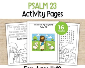 May include: A set of 16 Psalm 23 activity pages for ages 4-10, featuring black and white coloring sheets with illustrations of a shepherd and sheep, and a central page with a color illustration of a shepherd holding a staff among sheep.