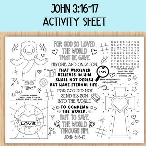 Johannes 3:16-17 Activiteitenblad, kinderkerk, bijbelactiviteitenplacemat voor zondagsschool, bijbelklas en thuisonderwijs