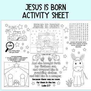 Feuille d&#39;activités Jésus est né, activité religieuse pour enfants, napperon d&#39;activités bibliques pour l&#39;école du dimanche, les cours bibliques et l&#39;école à la maison