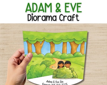 Peut inclure: Un bricolage de diorama coloré représentant Adam et Ève dans un jardin. L'image comprend le texte "ADAM & EVE Diorama Craft" et "Adam & Eve Sin Genesis 2:15-17 & 3:1-15". L'œuvre est tenue par une main.