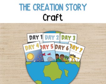 Peut inclure: Un projet de bricolage en papier intitulé THE CREATION STORY Craft avec une base en forme de globe bleu et vert. Sept cartes rectangulaires individuelles étiquetées Day 1 à Day 7 sont disposées en éventail, illustrant les jours de la création.
