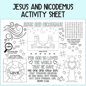 Feuille d&#39;activités Jésus et Nicodème, activité religieuse pour enfants, napperon d&#39;activités bibliques pour l&#39;école du dimanche, le cours biblique et l&#39;école à la maison