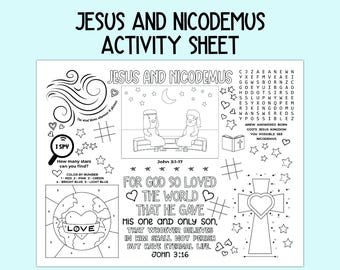 Jesus and Nicodemus Activity Sheet, Children&#39;s Church Activity, Bible Activity Placemat for Sunday School, Bible Class, and Homeschool