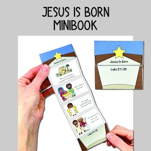 Weihnachtsgeschichte Minibuch, Krippenfiguren Handwerk, Sonntagsschule oder Bibelunterricht Aktivität, Hausschule, Bibelgeschichte aus Lukas 2, Jesus ist geboren