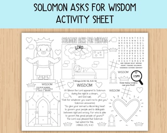 Op de afbeelding: Zwart-wit activiteitenvellen met de titel "SOLOMON ASKS FOR WISDOM". De vellen bevatten illustraties van Salomo, een bed en verschillende activiteiten zoals kleuren op nummer, Ik zie wat en een woordzoeker. De tekst bevat bijbelverzen.