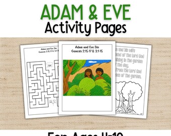 Peut inclure: Trois pages d'activités pour enfants avec le titre "Adam & Eve Activity Pages" en vert. Les pages comprennent un labyrinthe, une illustration en couleur d'Adam et Eve et une page à colorier. Le texte "For Ages 4-10" est en bas.