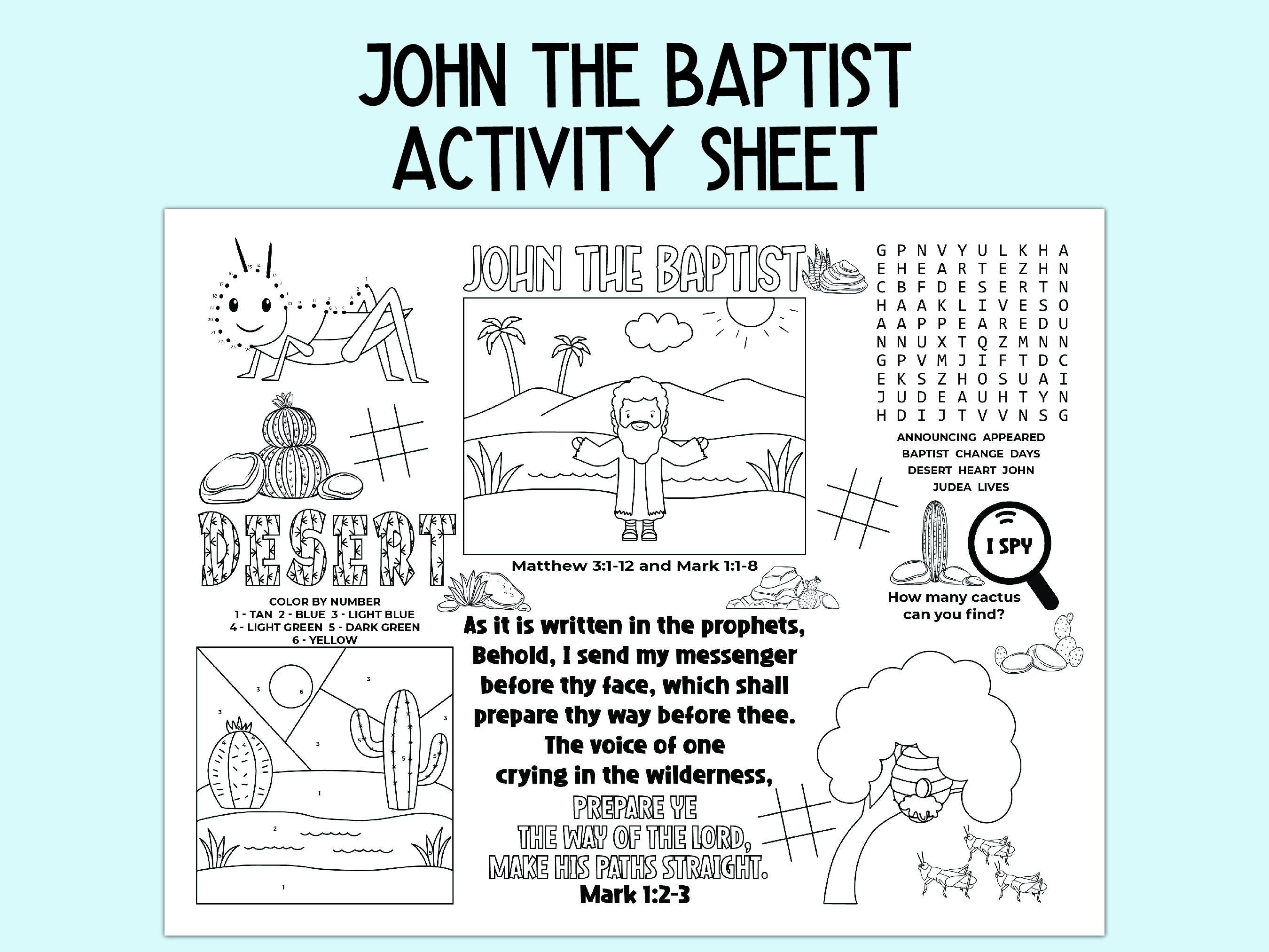 John the Baptist Activity Sheet, Children's Church Activity, Bible Activity Placemat for Sunday School, Bible Class, and Homeschool