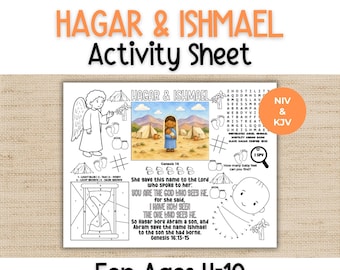Peut inclure: Feuille d'activité colorée intitulée "Hagar & Ishmael" pour les enfants de 4 à 10 ans. Elle comprend des illustrations, des zones de coloriage et un jeu "I Spy". Contient des extraits de Genèse 16 et des références aux versions NIV et KJV.