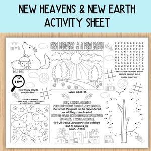 Puede incluir: Una hoja de actividades en blanco y negro titulada "NEW HEAVENS & NEW EARTH ACTIVITY SHEET". La hoja incluye un juego "I SPY", una sección de colorear por números, una búsqueda de palabras y una actividad de conectar los puntos. La hoja también presenta ilustraciones de un lobo, una oveja, árboles y un paisaje urbano.