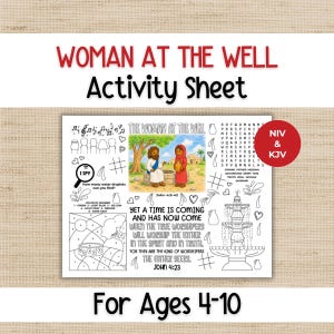 以下が含まれることがあります： Woman at the Wellと題された白いアクティビティシート。井戸のそばにいる二人の人物のカラーイラスト、単語探し、番号による塗り絵、噴水の絵、John 4:23のテキスト、NIV & KJVと書かれた赤い円が中央に配置されています。