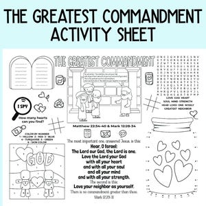 The Greatest Commandment Activity Sheet, Children's Church, Bible Activity Placemat for Sunday School, Bible Class, and Homeschool