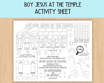 May include: Black and white activity sheet titled "BOY JESUS AT THE TEMPLE ACTIVITY SHEET." Features illustrations of Jesus, teachers, and scrolls. Includes "I SPY" game and color-by-number section. Bible verses are also included.