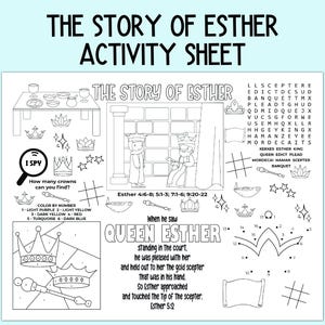 The Story of Esther Activity Sheet, Children&#39;s Church Activity, Bible Activity Placemat for Sunday School, Bible Class, and Homeschool