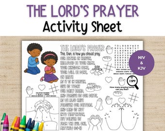 May include: A printable activity sheet titled The Lord's Prayer featuring black and white line art, a word search, a color-by-number section, and a dot-to-dot puzzle. The sheet includes illustrations of children praying and a purple circle with NIV & KJV text.