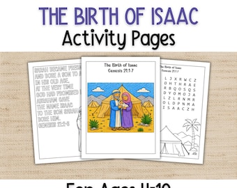 Peut inclure: Pages d'activités intitulées "La naissance d'Isaac" pour les enfants de 4 à 10 ans. Les pages comprennent des illustrations de scènes bibliques, du texte de la Genèse et une recherche de mots. L'illustration de la couverture représente un couple tenant un bébé devant une tente.