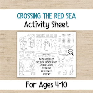 Puede incluir: Una hoja de actividades en blanco y negro titulada Crossing the Red Sea para edades de 4 a 10 años. Incluye ilustraciones de líneas de personas, un burro, una sopa de letras, una sección de colorear por números y textos de Éxodo 14:19-31 y 14:22.
