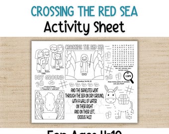 May include: A black and white activity sheet titled Crossing the Red Sea for ages 4-10. It features line art illustrations of people, a donkey, a word search, a color by number section, and text from Exodus 14:19-31 and 14:22.