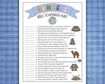 Peut inclure: Une feuille de papier blanche présentant une chasse au trésor biblique sur la Genèse avec vingt-cinq questions numérotées. L'en-tête comprend une bannière bleue avec le mot GENESIS et une icône de globe. Les illustrations incluent une arche, une tour, un chameau, un bol et une robe.